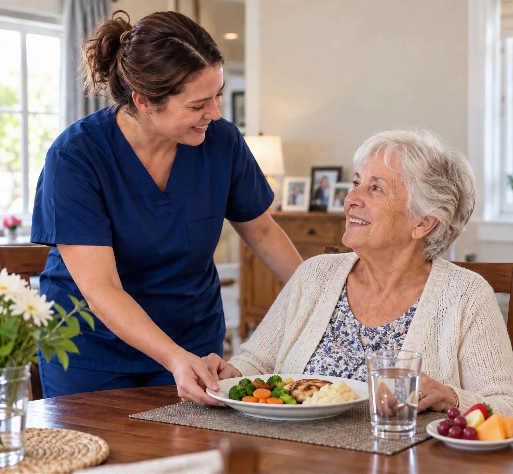 Caregiver serving a meal to a senior client